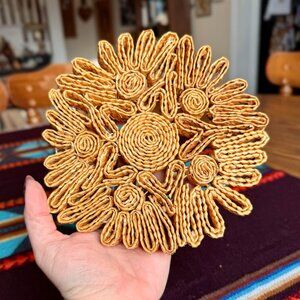 Vintage Floral Woven Raffia Trivet / Place Mat / Wall Hanging